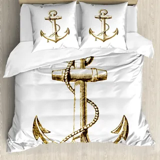 ABAKUHAUS Nautisch Bettbezug Set, Goldfolie Anker Bild Ist Sicherer Und Geerdeter Reise Reise Fischer, 155 x 220 cm + 80 x 80 cm, Gelb und Schwarz