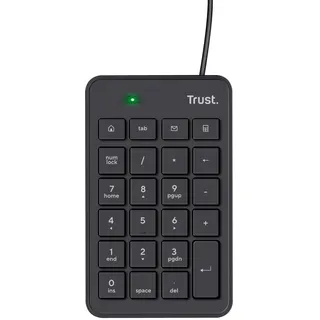 Trust Xalas USB Numpad für Laptop und PC, Flacher Ziffernblock, Schwarz | 5 Zusätzliche Tasten, Mini Tastatur mit Kabel 1,5 m, Keypad Gewinkeltes Design, Nummernblock Zehnertastatur