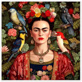 Mark Ashkenazi Frida Kahlo, Vögel Poster 60 x 60 cm | Pop-Art-Collage mit mexikanischer Folklore | Farbenfrohe Blumen, exotische Vögel & botanische Details