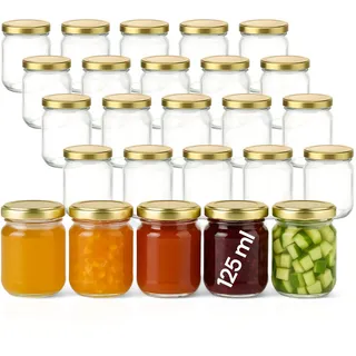 gouveo 25er Set Einmachgläser 125 ml (0,125 l) Einmachglas Helix Twist-Off Schraubdeckel TO 53 goldfarben, kleine Marmeladen- & Vorratsgläser zum Abfüllen, rund (HEG125G)