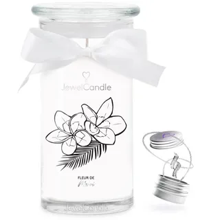 JuwelKerze Fleur de Monoi Halskette Silber - Schmuckkerze 80 Std - große Duftkerze im Glas mit Kokosnuss Duft - Kerze mit Schmuck - Geschenke für Frauen, Geburtstag
