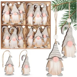 Brubaker 12x Weihnachtsanhänger Wichtel - 8 cm Baumschmuck aus Holz - Zwerge mit Bart und großer Nase - Holzanhänger Weihnachtsbaumschmuck - Christbaumschmuck Anhänger Weihnachten - Grau Weiß