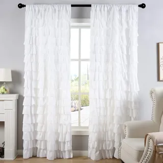 Kotile Rüschenvorhang, Zigeunerstil, 1 Bahn, mehrlagig, gerüschter Vorhang, Stangentasche, Lichtfilterung, Privatsphäre, Landhausstil, Shabby-Chic-Stil, B 132 x L 183 cm, weiß