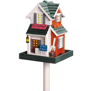 dobar® 25307FSC Buntes Vogelfutterhaus Restaurant - Vogelhaus inklusive Ständer Western Style - Kleine Vogelvilla aus Holz - Vogelfutterstation mit Futtersilo - 18 x 18 x 123 cm - Rot