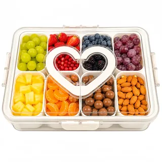 Aila oh Buy Snackbox mit 8 Fächern und Deckel - Tragbare Snackschale mit Griff, Luftdicht, Spülmaschinenfest & BPA-frei. Transparenter Snackteller für Obst, Nüsse, Süßigkeiten, Picknick, Reise