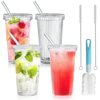 DAZZTIME Glasbecher mit Deckel und Strohhalm,4 Stück Geriffelte Gläser Set,375ML Eiskaffee Gläser,Bubble Tea Becher,Transparente gestreifte Glas-Wasserbecher,für Milchshakes,Säfte,Smoothies