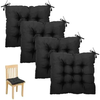 Unyqoos® 4er-Set schwarze Stuhlkissen 40 x 40 x 3 cm, PU‐Schaumfüllung, 60% Baumwolle/40% Polyester, mit Befestigungsbändern, waschbar 30 °C - Schwarz
