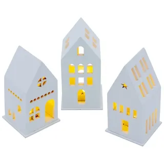 Spetebo LED Holz Haus weiß Batterie betrieben 13 cm - 3er Set - Deko Weihnachtsdorf mit Beleuchtung in warm weiß - Weihnachts Tisch Deko Aufsteller Winter