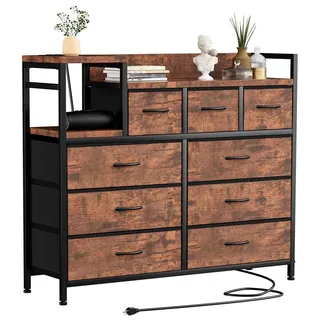 Kommode - Sideboard mit 9 Stoffschubladen - Metallgestell - Offene Regale - Große Aufbewahrung - Steckdose Ladefunktion - Braun - Braun
