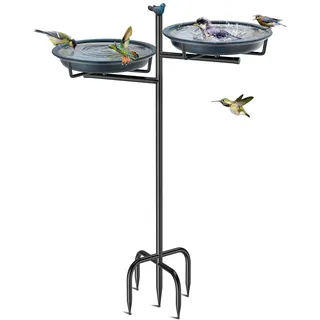 VeyFolzin.st Vogeltränke Vogelbad Schale Stehend, 2-in-1 Vogelbad für Draußen Garten mit Doppelbecken für Wasser und Futter, Metall Vögel Vogelbecken für Gartendeko(Altblau)