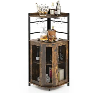 FANTASK Barschrank Industrial, Eckschrank Holz mit Glashalter, Weinschrank Barwinkel für Küche, Wohnzimmer, Esszimmer, 46 x 46 x 130 cm (Dunkelbraun)
