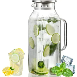 Umllpet Glaskaraffe 2L mit Rippendesign, stilvolle Glas-Wasserkaraffe | stilvolles Rippendesign, auslaufsicherer Deckel, hitzebeständiges Glas, ideal für Wasser, Eistee und Saft