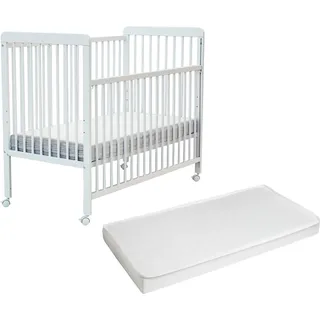 WEBABY - Babybett Holz mit Matratze 60x120 ESSENTIEL Weiß | Kinderbett | Mit 4 rollen | Mit Verstellbarer Lattenrost 3 stufen - Weiß