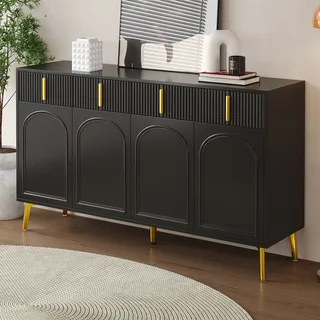 MODFU Kommode Sideboard mit 4 Türen und 4 Schubladen, Schrank Buffet mit goldenen Griffen und Beinen für Wohnzimmer, Schlafzimmer, Kinderzimmer, Jugendzimmer und Büro, Schwarz - Schwarz