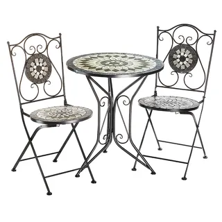 Kobolo Sitzgruppe Gartenmöbel MOSAIK - 1 Tisch - 2 Stühle - Metall - Mosaik grau - Chair Balkonmöbel Balkonstuhl Möbel Bistro Dining Design Modern - Grau