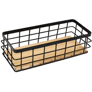Gzsekken Drahtkorb Metallkorb Schwarz Dekokörbe Haushalt Wandkorb Metall Badezimmer Aufbewahrungskorb Korb Metall Abnehmbarer Holzsockel für Obst Snacks Küche Speisekammer 1 Stück