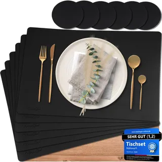 Mahewa® 6er Set Premium Tischset aus Kunstleder - Platzset abwaschbar und wasserdicht - Platzdeckchen Telleruntersetzer in Lederoptik (Schwarz, Eckig)