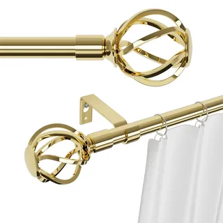 Gardinenstange Gold 68 to 127 cm mit Gedrehten Käfigendstücken, Wandmontage Messing Gardinenstangen Set, Metall 16mm Gardinenstange 1.2m Lang für Outdoor Wetterfest