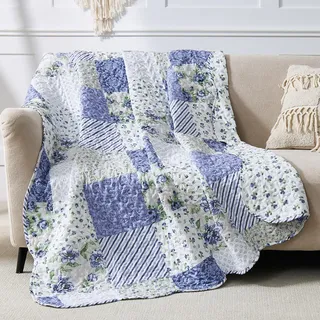 Qucover Patchwork Tagesdecke 150x200cm Patchworkdecke Sofadecke, Decke Blumen Ultraschall genäht im Landhausstil Lila