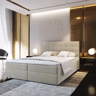 Masseno Boxspringbett GLOS 140x200 cm Komplett-Set mit Bonell Matratze und Topper, Polsterbett mit Bettkästen -Beige, COSMIC 10 - Beige