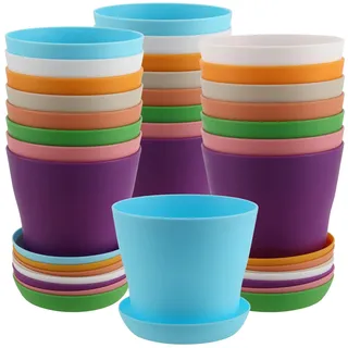 FAAING 24 Stück Blumentopf Kunststoff Bunt, 10 cm Pflanztöpfe mit Untersetzer, 8 Farben Kleine Plastik Pflanzen Töpfe, Runde Gartentöpfe Blumentopf Klein für Draussen, Drinnen, Büro, Balkon