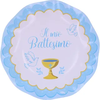 Graziano, Pappteller zur Taufe, Hellblau, Packung mit 8 Tellern, Durchmesser 21 cm, Süßigkeiten-Buffet Party