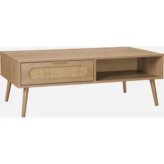 sweeek - Skandinavischer Couchtisch mit abgerundetem Rattan-Geflecht, 1 Schublade - Natur