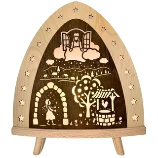 Farbige LED Standleuchte mit Frau Holle Motiv Rundbogen Holzlampe 30x32x6 cm