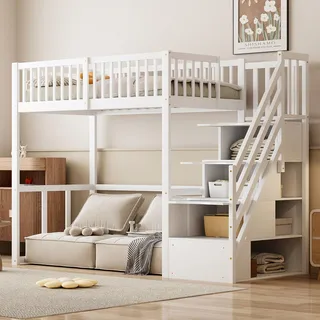 Flieks Etagenbett 90x200cm mit Rausfallschutz, Kinderbett mit Treppe, Hochbett mit Schubalden und Regal, Holzbett Stockbett Einzelbett, Weiß - Weiß