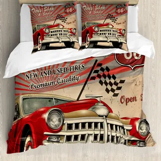 ABAKUHAUS Autos Bettbezug Set, Alt Modische Werbung Sport-Autos Route 66 Emblem Retro Stil Muster, 155 x 220 cm + 80 x 80 cm, Rot Grau Sepia
