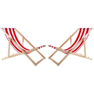Gartenliege Woodok Liegestuhl Sonnenliege Buchenholz Liege bis 120 kg klappbar 2er Set Rot Weiß - Rot, Weiß