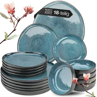 Moritz & Moritz Steingut Geschirrset 6 Personen Blau 18-Teilig - Steingut Teller Set bestehend aus 6x Dinnerteller, 6x Dessertteller, 6x Suppenteller - Serie Organic