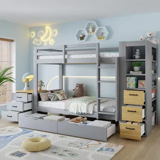 Flieks Etagenbett 90x200cm mit Nachttisch, Hochbett mit Regal und Schubladen, Kinderbett Holzbett mit Rausfallschutz und Lattenrost, Stockbett Grau - Grau