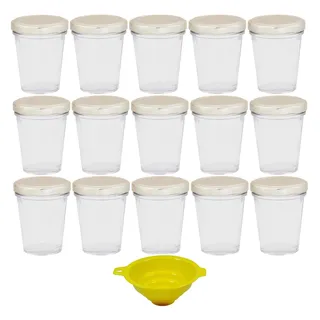 Viva #31346# Haushaltswaren - 15 x kleines Becherglas / Marmeladenglas 80 ml mit silberfarbenem Deckel, Vorratsdosen Set als Einmachgläser, Gewürzgläser, für Kuchen im Glas etc. verwendbar (inkl. Trichter)