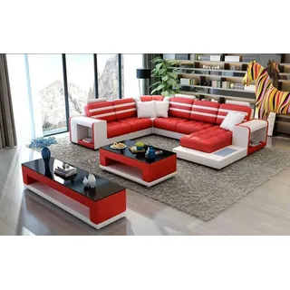 Ecksofa Polster Ecksofa U Form Couchtisch Sideboard Ledersofa JVmoebel - Rot