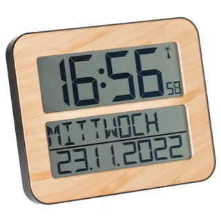 TFA Dostmann Digitale Funk-Wanduhr Timeline Max, 60.4512.01, übersichtliche Funkuhr, Demenzuhr, Küchenuhr, mit ausgeschriebenem Wochentag & Datum, mit Weckfunktion, 25,8 x 3 x 21,2 cm (Holzoptik)