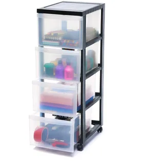 Iris Ohyama Kunststoff-Schubladenbox mit Rollen, 4 tiefen Schubladen, Schwarz, Griffe zum Ziehen, Für Schlafzimmer, Bad, Schule & Büro, BPA-frei, Schubladenschrank, Rollcontainer, A4 Drawer, DC-304