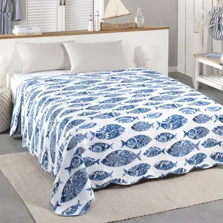 Delindo Lifestyle Tagesdecke Riviera blau maritim, Bettüberwurf für Doppelbett, Gesteppt, 220x240 cm