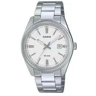 Casio MTP-1302DA-7AV Analoge Herrenuhr, weißes Zifferblatt, Edelstahl, Datum, Mineralglas, 50M WR - Ref. MTP-1302DA-7AV