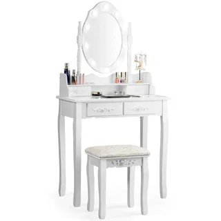 COSTWAY Schminktisch mit Hocker, Frisiertisch mit 360° drehbarem Spiegel & 10 dimmbaren LED Lechten, Kosmetiktisch mit Abnehmbarer Oberteil & 4 Schubladen, 75 x 40 x 146 cm (Weiß)
