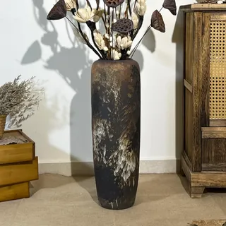 JIDOFUE Vintage Keramik Schwarz Bodenvase, 60cm, Rustikaler Boho Stil für Pampasgras, Blumen oder Dekor, Perfekt für Wohnzimmer, Eingang oder Tisch