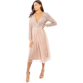 Maya Damen Deluxe Wedding Guest Midi Dress Long Sleeve Plunging Neckline V Neck Sequin Embellished Graduation, Brautjungfernkleid, Taupe Blush, EU 54 (UK 26)