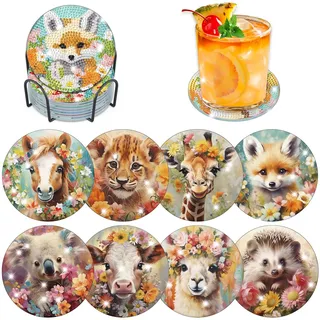 Lxmsja 8 STK Diamond Painting Untersetzer mit Halter, Diamant Tassenuntersetzer mit Kork, Tiere für Erwachsene Kinder, Basteln Bilder für Erwachsene Frauen, Tisch Deko