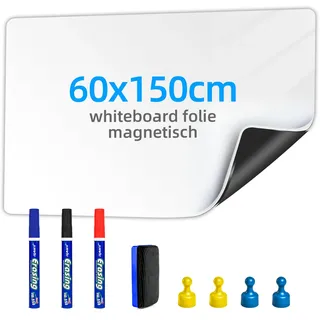 Magnetisch Whiteboard Folie - 60 * 150cm Magnetfolie Selbstklebend Weißwandtafel - Whiteboard Sticker DIY mit Marker, Board-Radierer und Magnet - Wandfolie für glatten Oberflächen in Schule Büro Haus