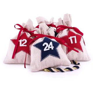 pajoma® Adventskalender zum Befüllen Star 24 Stoffbeutel | Jutesäckchen natur mit Zahlen & bunten Sternen – DIY Weihnachtskalender zum Selbstbefüllen mit Bändchen – Weihnachten Deko Set