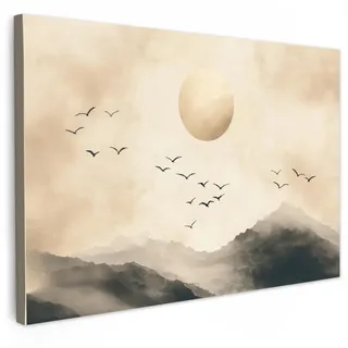 MuchoWow Leinwandbild Landschaft - Japandi - Vogel Wanddeko 90x60 cm , Beige , Textil , Kiefer , Rechteckig , 90x60 cm , FSC 100% , gerahmt , Bilder & Rahmen, Bilder, Leinwandbilder