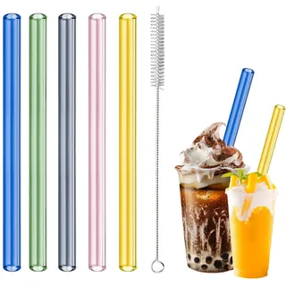HXC Bunte Bubble Tea Strohhalme - 5 Stück, 12MM Extra Dicke Glasstrohhalme, Wiederverwendbar, Boba Tea Strohhalme mit Reinigungsbürsten für Smoothie & Säfte, 21.5cm