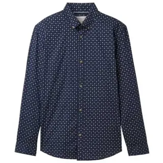Tom Tailor Fitted Printed Poplin Langarmhemd Navy White Minimal Design M