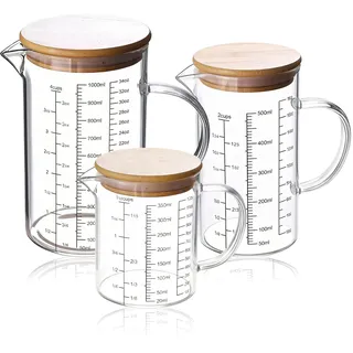 3 Stück Messbecher Glas Set, Glas Messbecher mit Deckel, Griff, 350ml 500ml 1000ml Measuring Cups aus Borosilikatglas, Hitzebeständig mit Präziser Skala für Küche und Backen