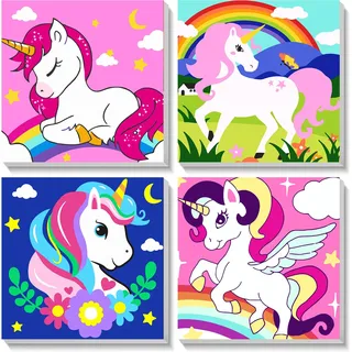 Pujeknm 4 Stück Einhorn Malen Nach Zahlen ab 5 6 7 Jahre Mädchen mit Rahmen | Einhorn Malen Nach Zahlen für Kinder ab 7 Jahren Acrylfarben mit als Geschenk, Mittel 20x20 cm (Glückliches Tiere)
